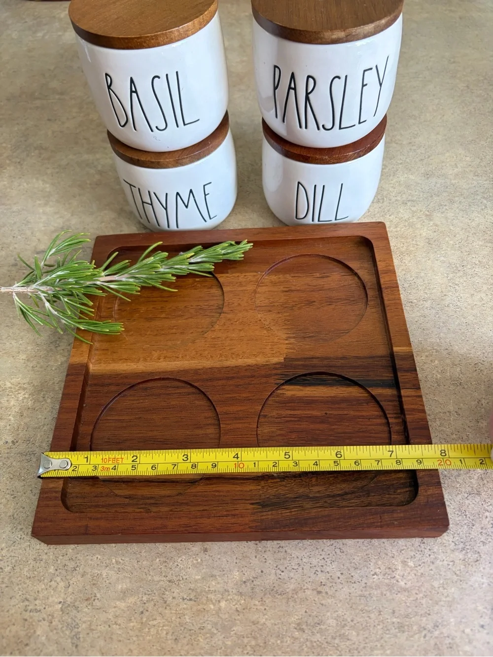 Rae Dunn White Ceramic Herb Jars with Wood Lids and Wooden Tray